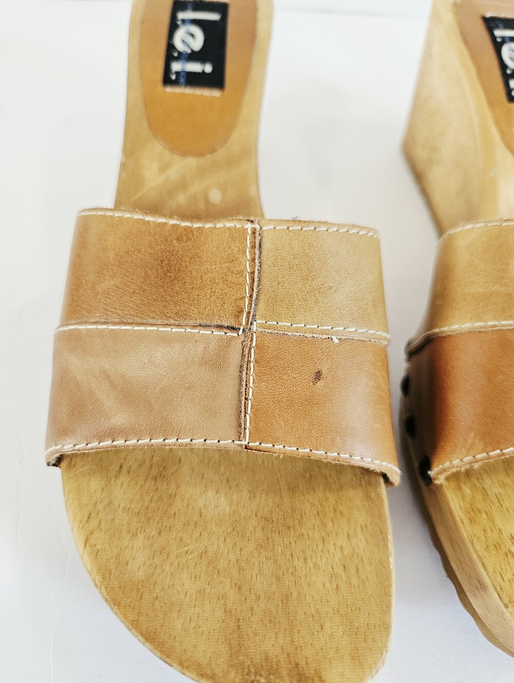 Vintage l.e.i. Wooden Diedra Platform Patchwork Leather Slip On Mule Sandals 8.5 - Picture 11 of 16